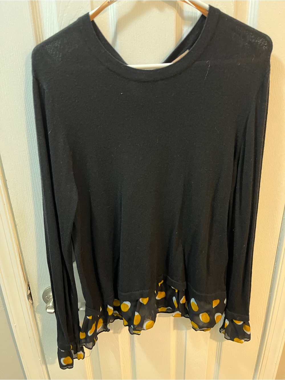 Anthropologie Kachel Black Polka Dot Ruffle long Sleeve Crewneck Sweater Size 12